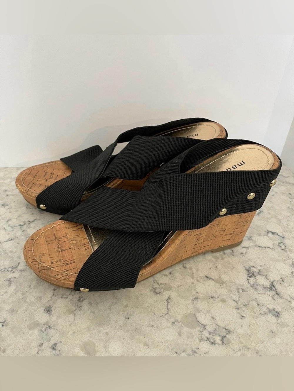 Madden Girl Sz 8 Stretch Sandals Heels Stretch Wedge Slide Criss Criss Elastic